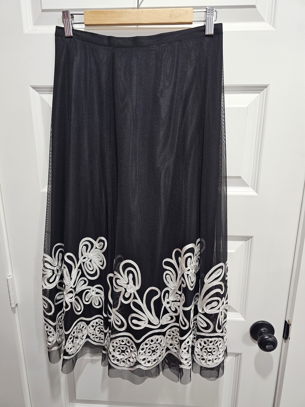 Peter Nygard Black Midi Skirt with White Embroidered Hem